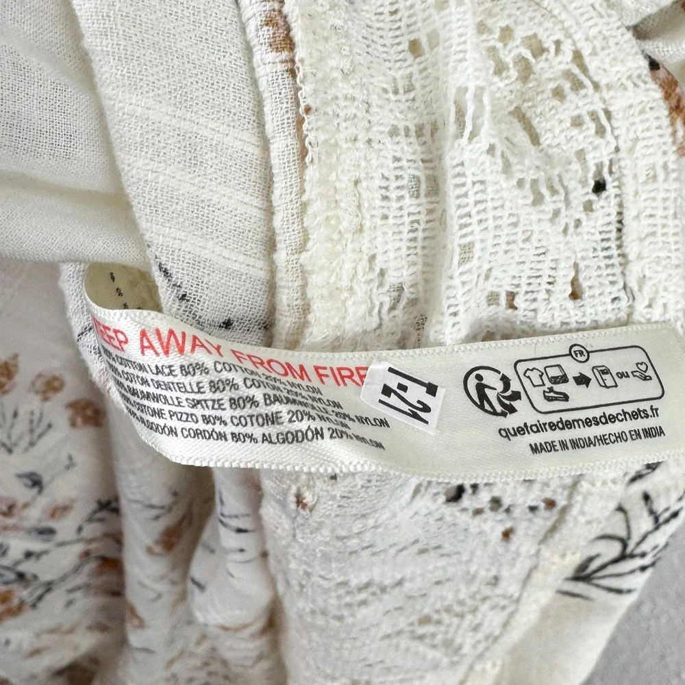 Free People Floral Lace Trim Puff Sleeve Midi Dress Cream Boho Womens Medium